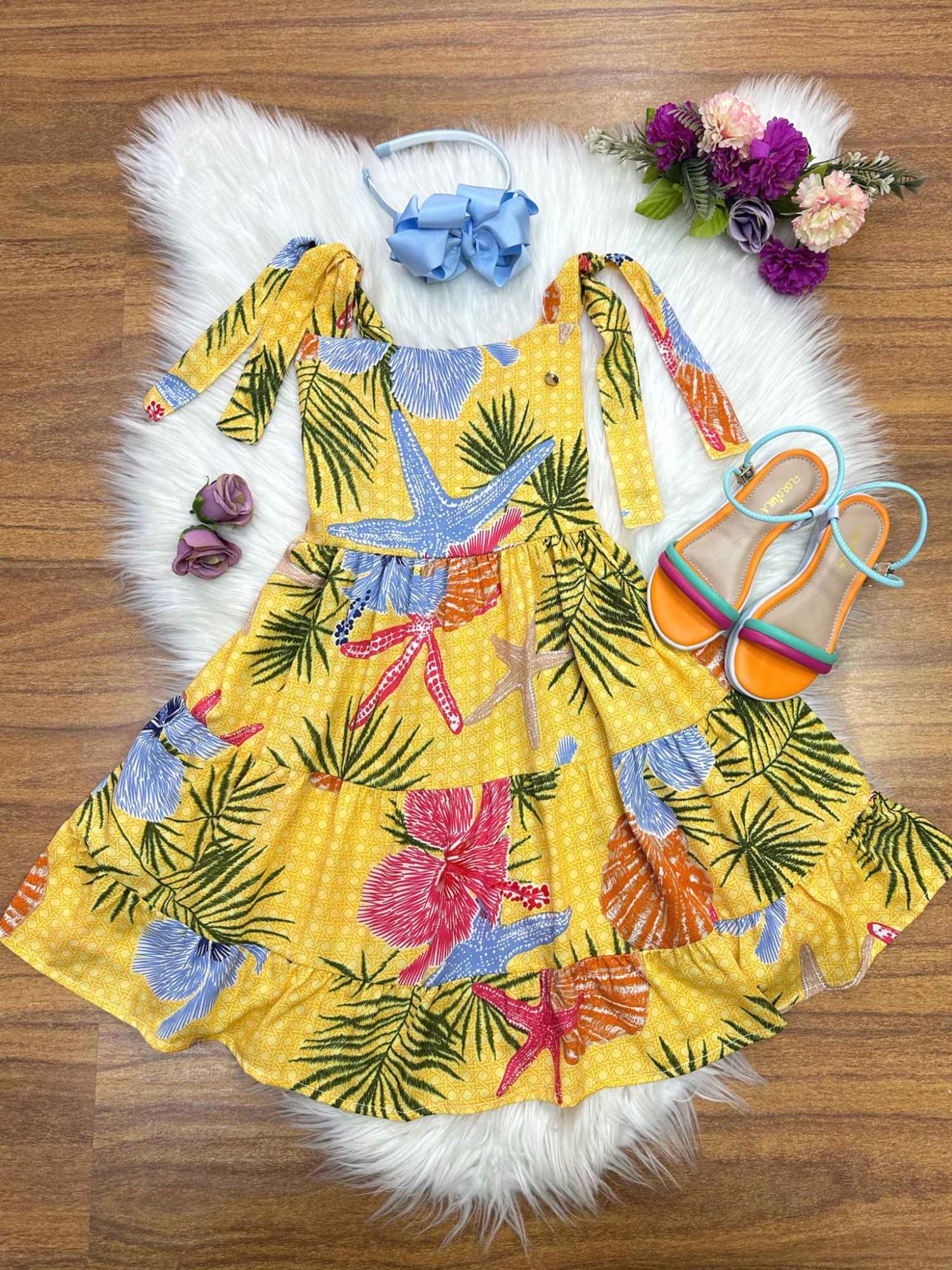 Vestido Amarelo Florido Infantil Casual para Primavera