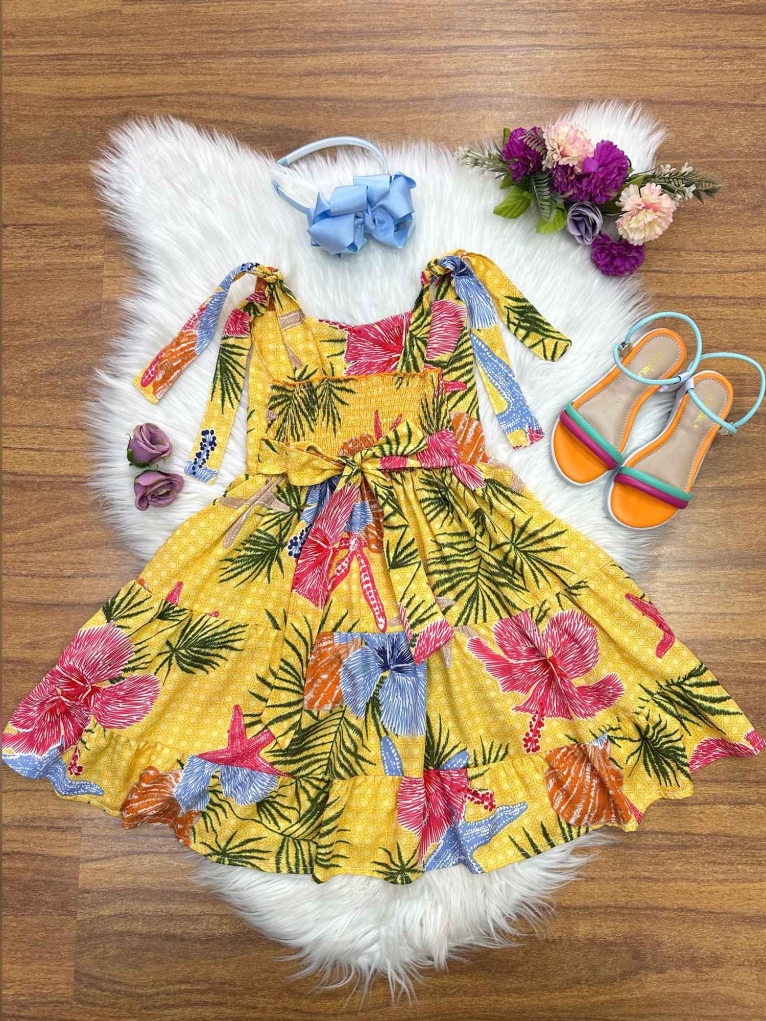 Vestido Amarelo Florido Infantil Casual para Primavera