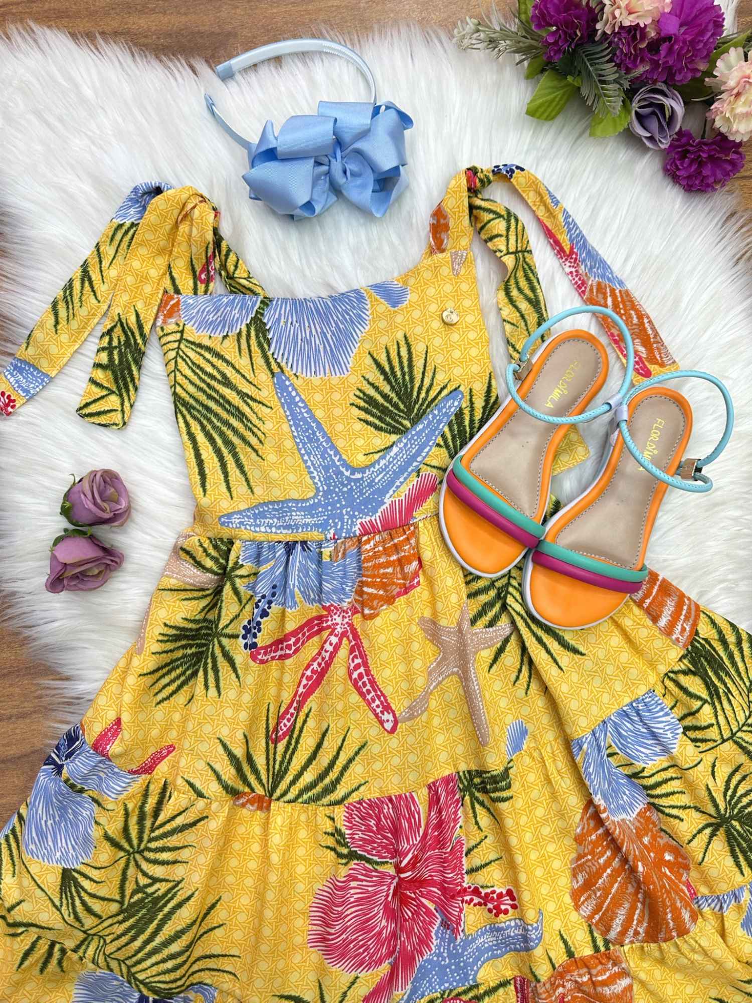 Vestido Amarelo Florido Infantil Casual para Primavera