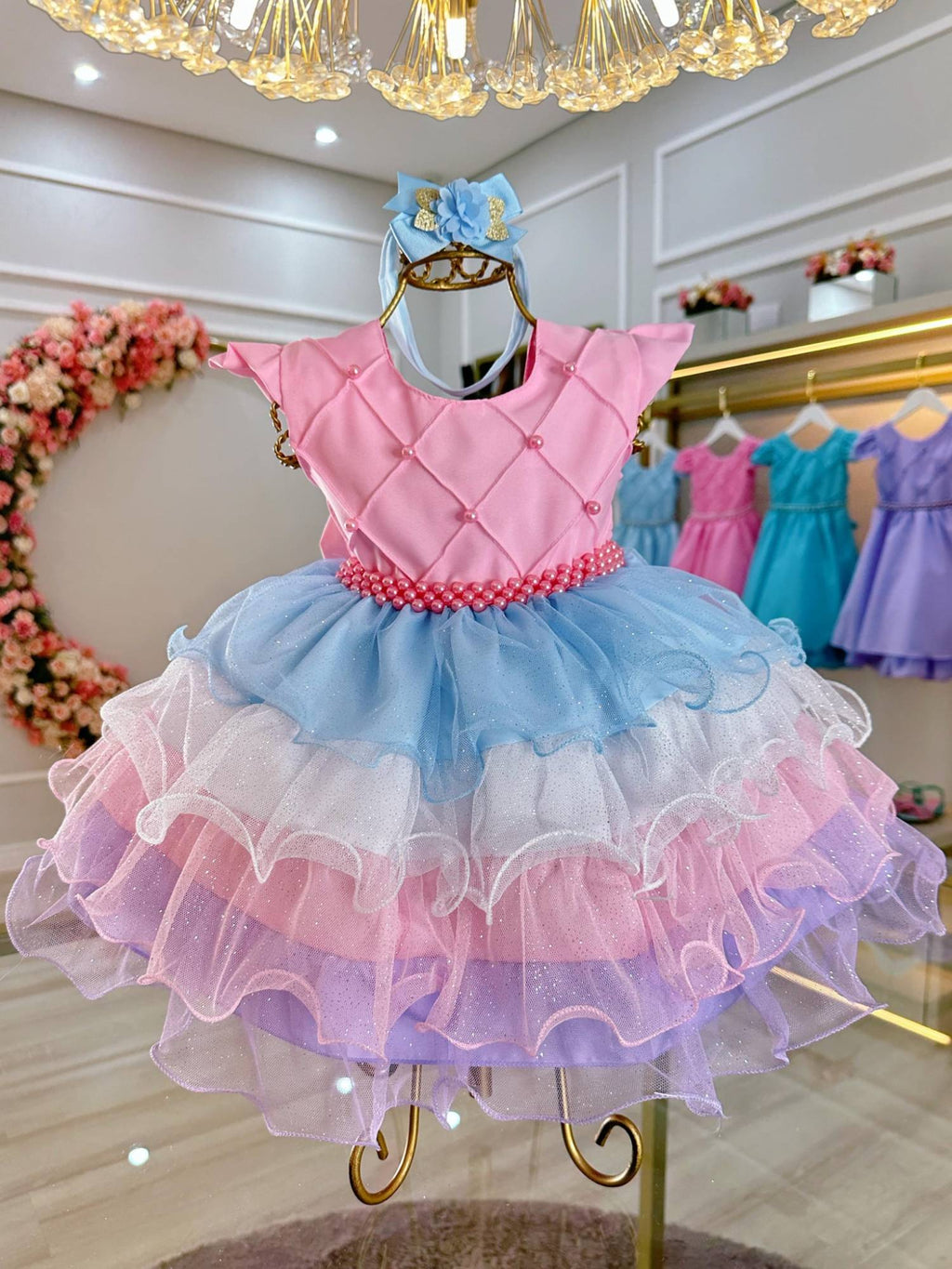 Vestido Bebê Rosa Com Nervuras e Saia de Babados Coloridos