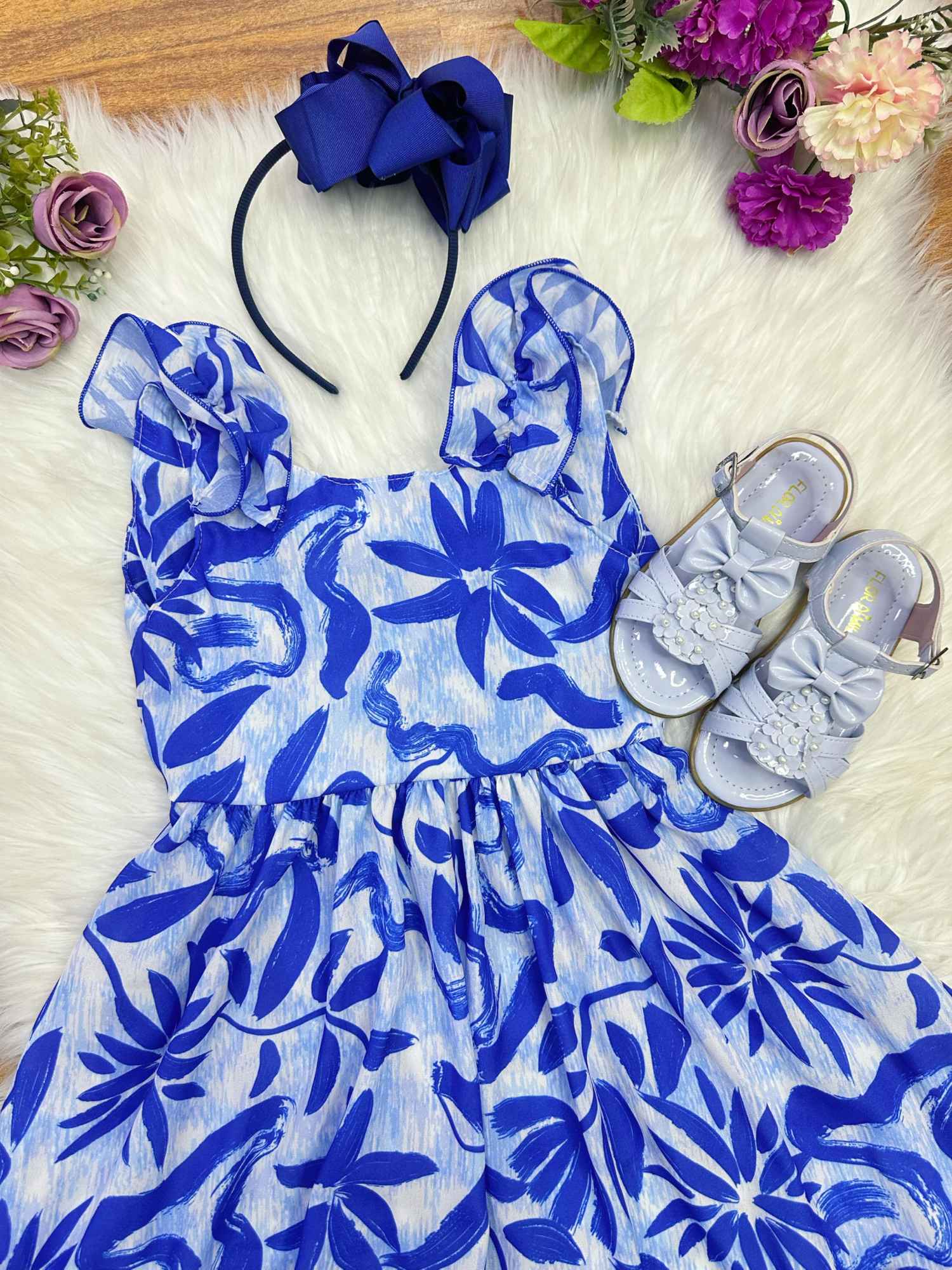 Vestido Azul Floral Infantil Casual para Primavera