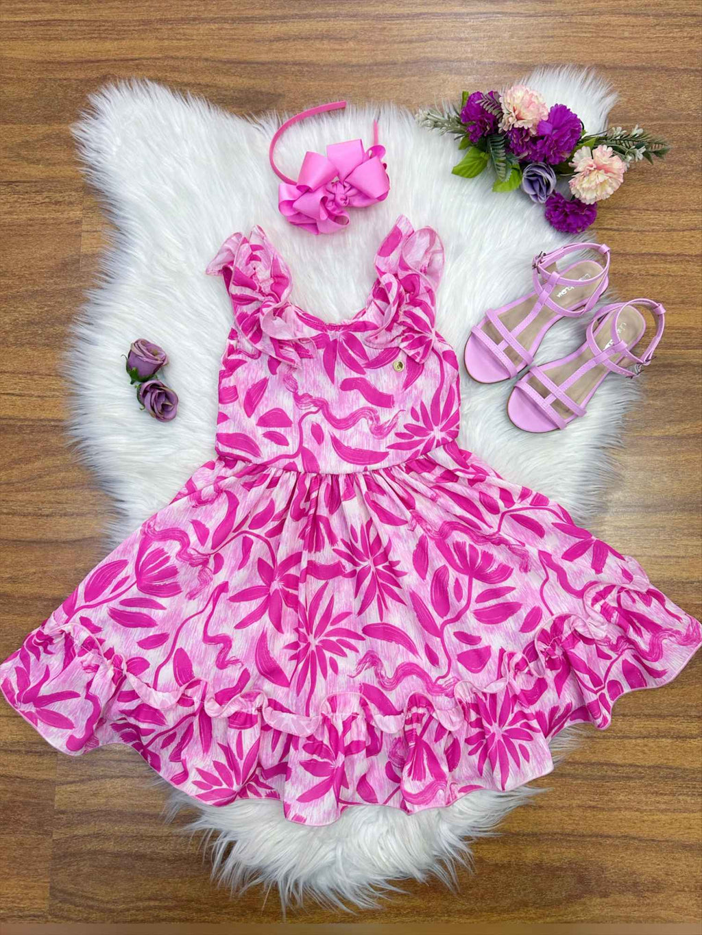 Vestido Infantil Rosa Chiclete com Estampa Floral para Primavera