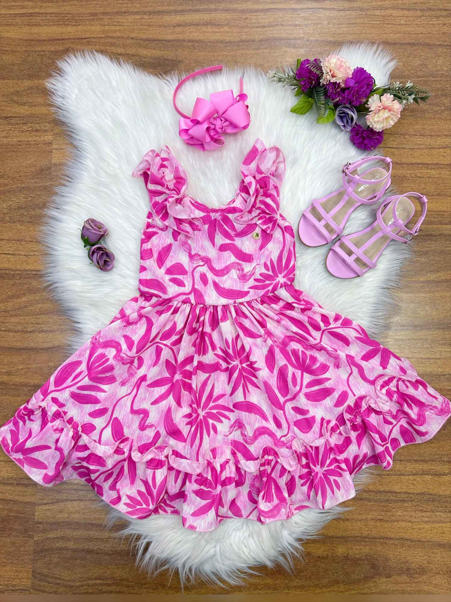 Vestido Infantil Rosa Chiclete com Estampa Floral para Primavera