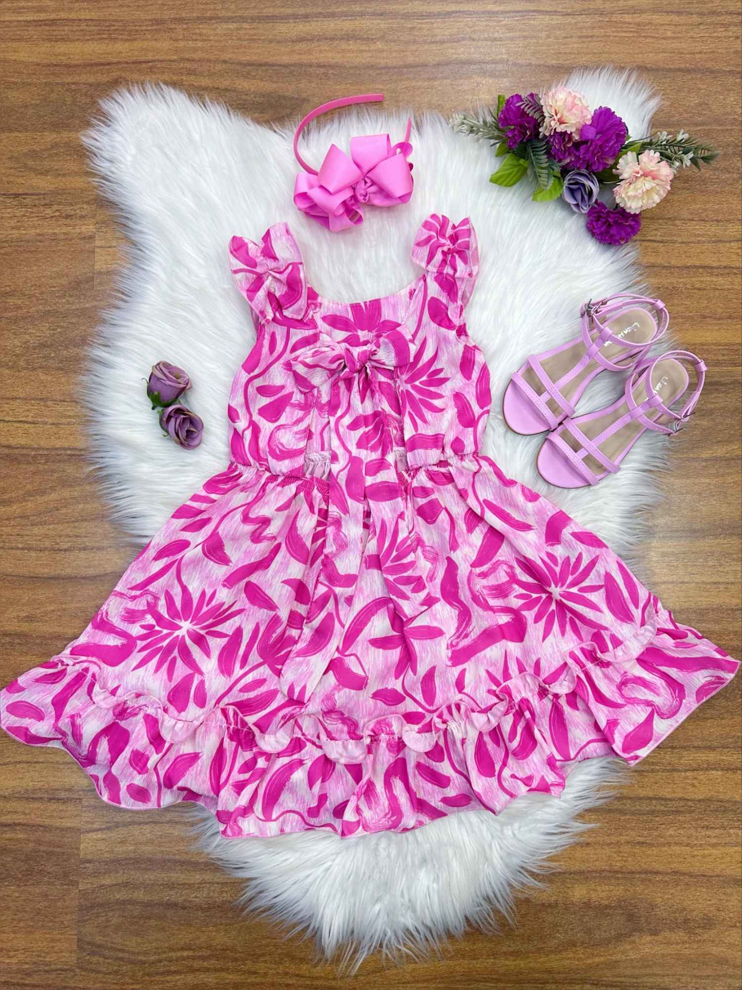 Vestido Infantil Rosa Chiclete com Estampa Floral para Primavera