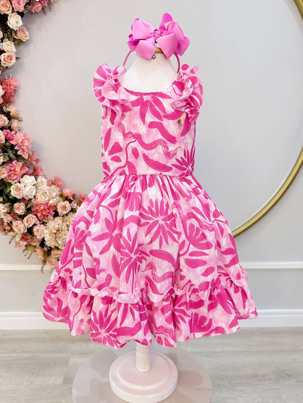 Vestido Infantil Rosa Chiclete com Estampa Floral para Primavera