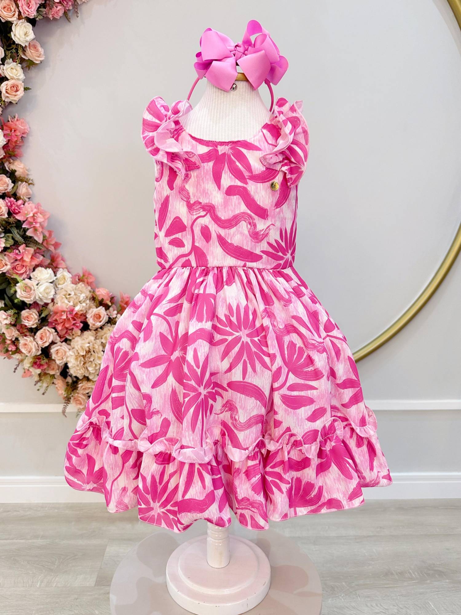 Vestido Infantil Rosa Chiclete com Estampa Floral para Primavera