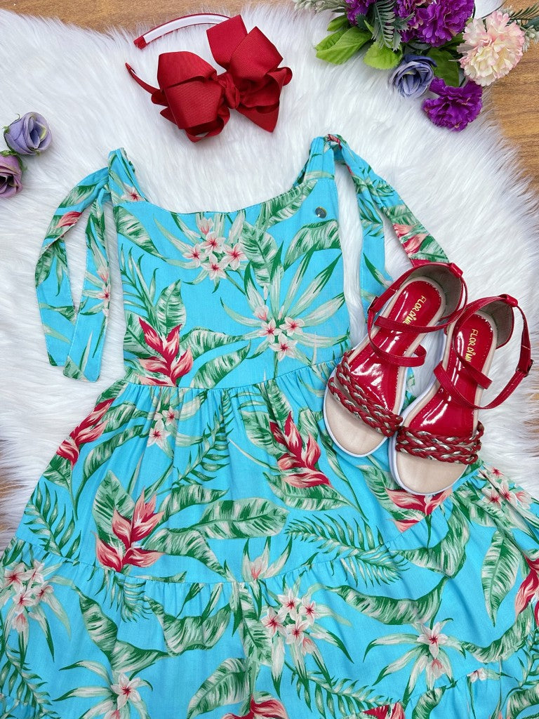 Vestido Infantil Azul Florido Casual de Luxo para Primavera