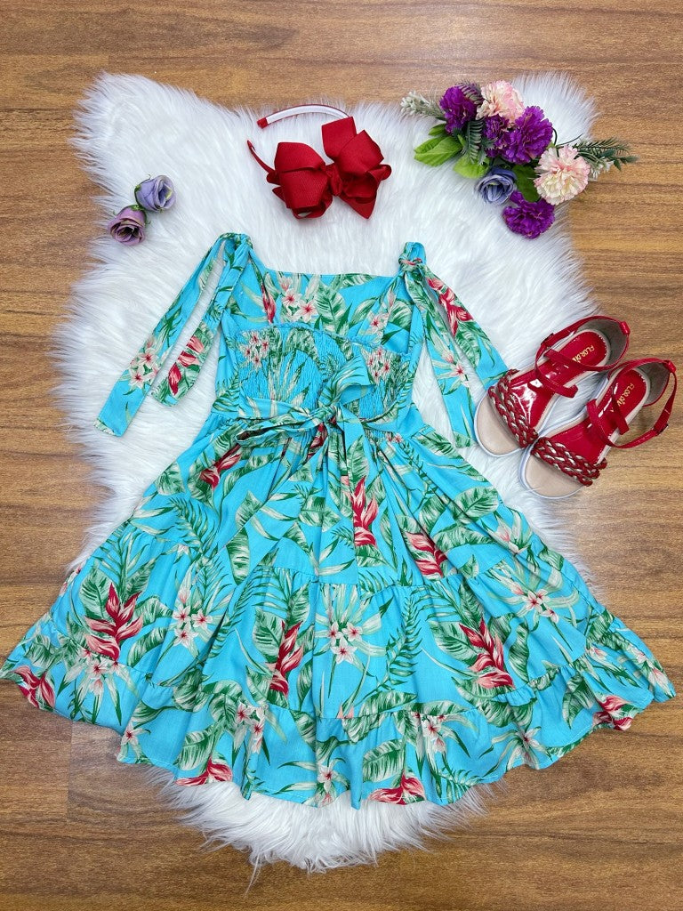 Vestido Infantil Azul Florido Casual de Luxo para Primavera