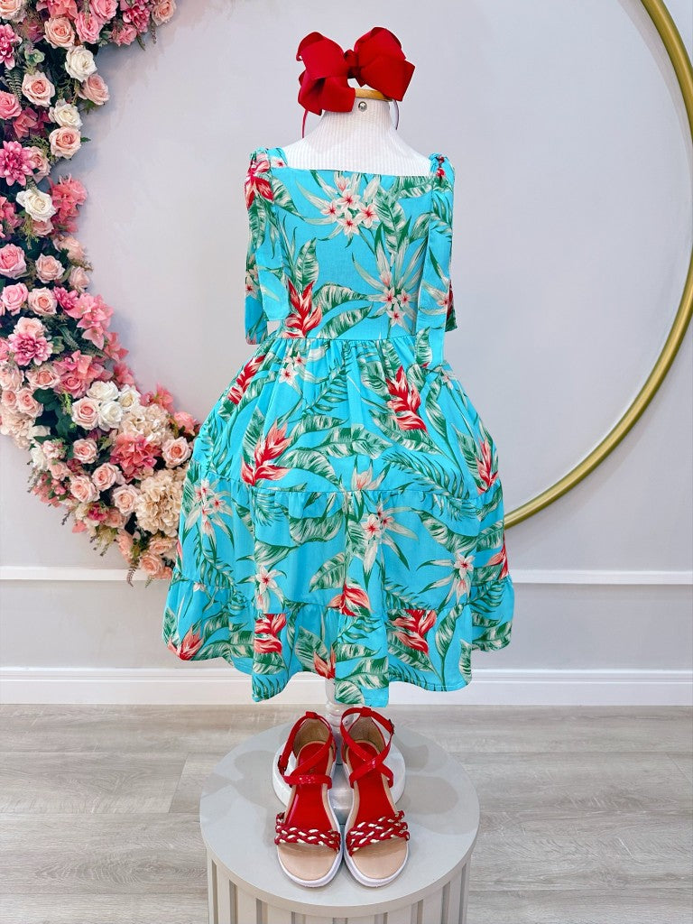 Vestido Infantil Azul Florido Casual de Luxo para Primavera