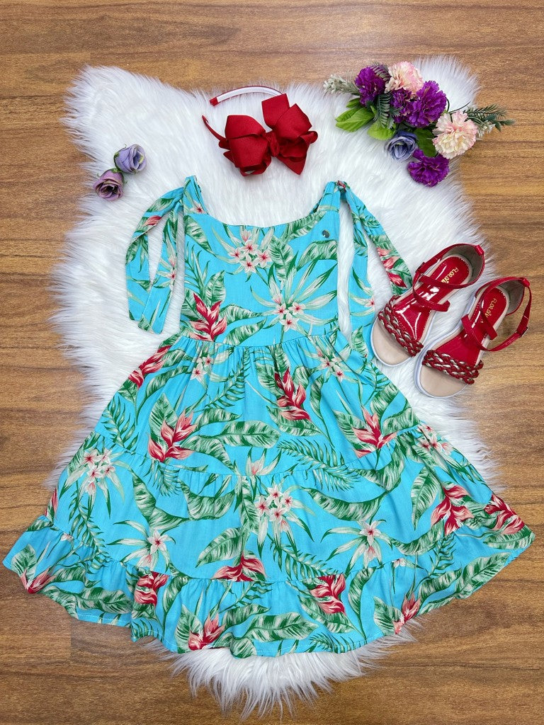 Vestido Infantil Azul Florido Casual de Luxo para Primavera