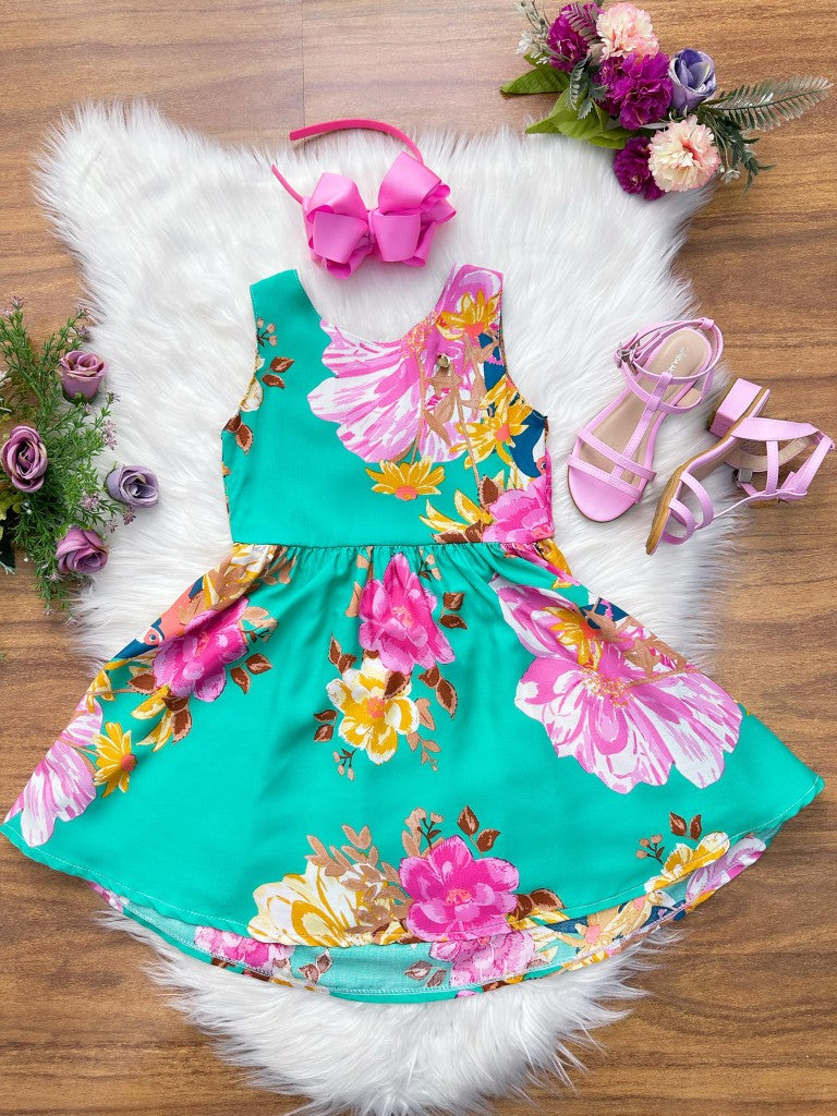 Vestido Infantil Verde Florido Casual Primavera Verão