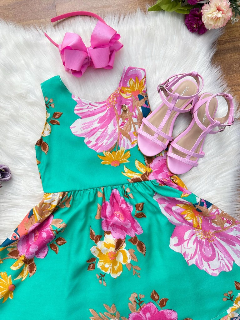 Vestido Infantil Verde Florido Casual Primavera Verão
