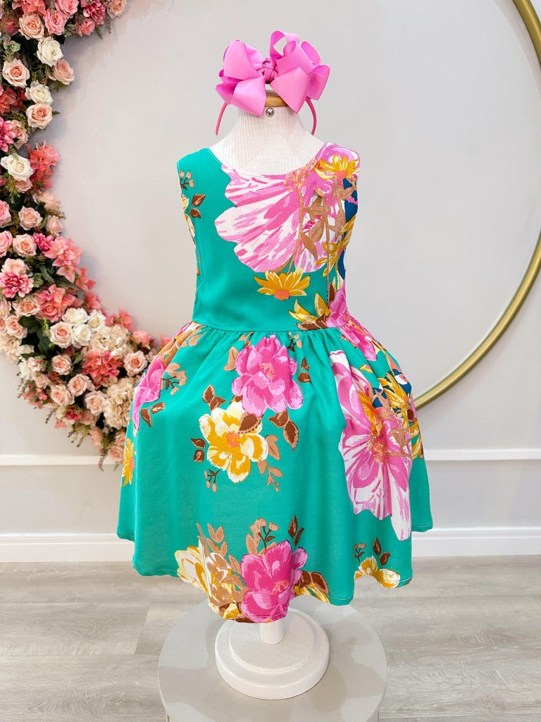 Vestido Infantil Verde Florido Casual Primavera Verão