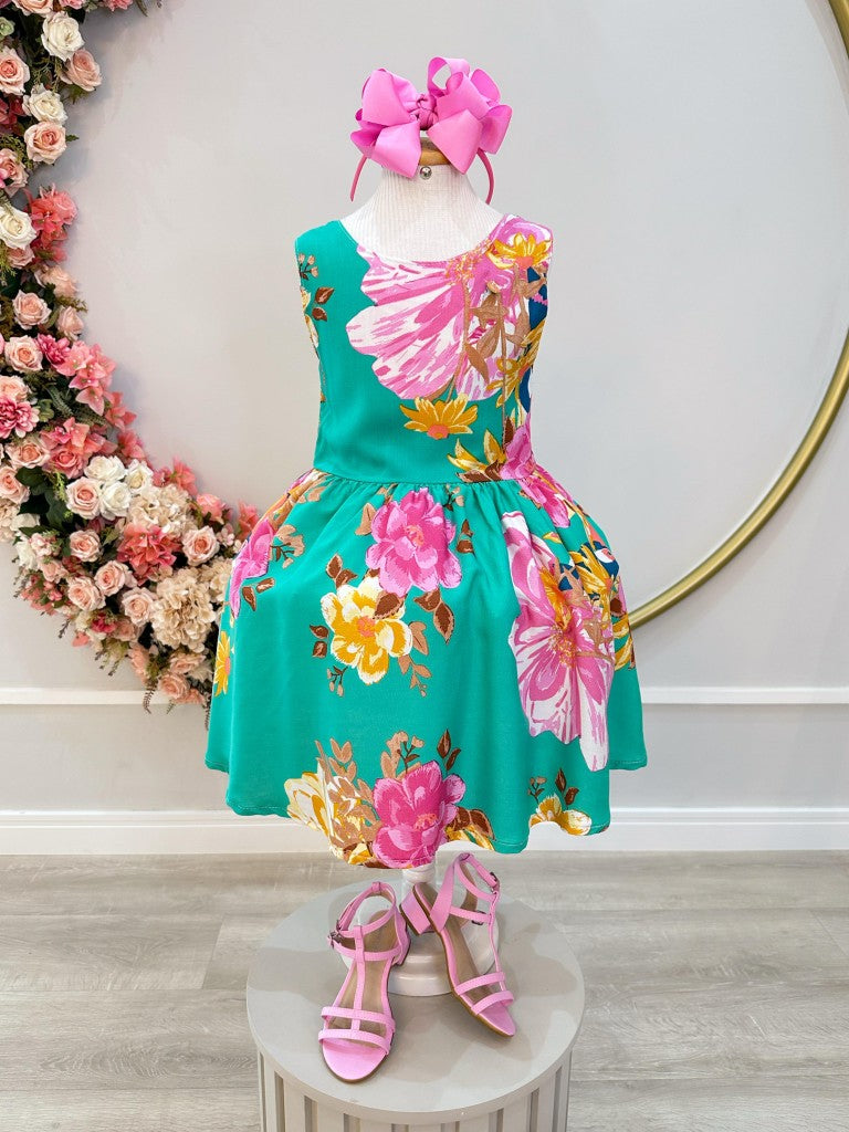 Vestido Infantil Verde Florido Casual Primavera Verão