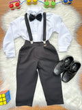 Conjunto Social Infantil Camisa Branca Calça Preta Gravata e Suspensório