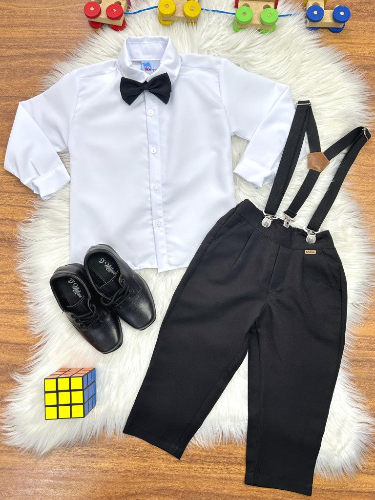 Conjunto Social Infantil Camisa Branca Calça Preta Gravata e Suspensório