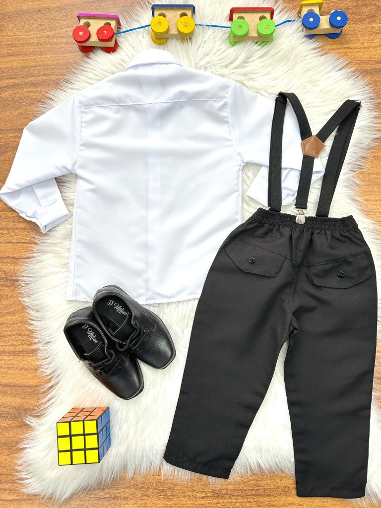 Conjunto Social Infantil Camisa Branca Calça Preta Gravata e Suspensório