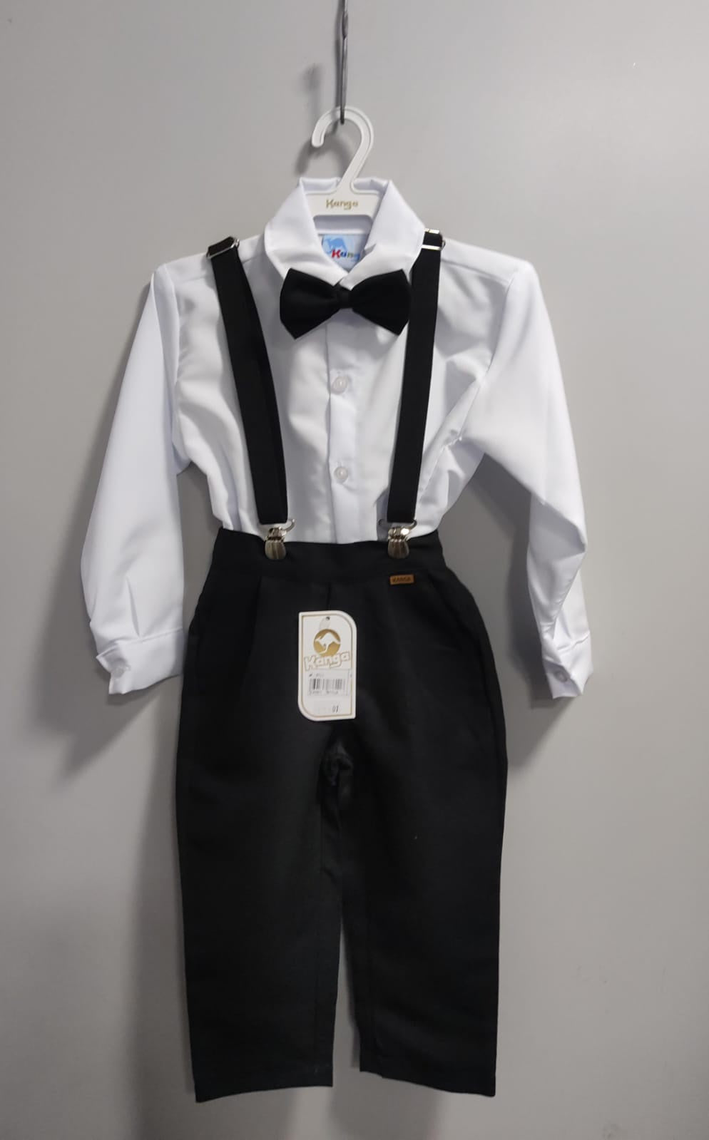 Conjunto Social Infantil Camisa Branca Calça Preta Gravata e Suspensório