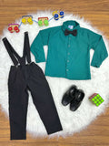 Conjunto Social Verde Escuro com Camisa, Calça, Gravata e Suspensório