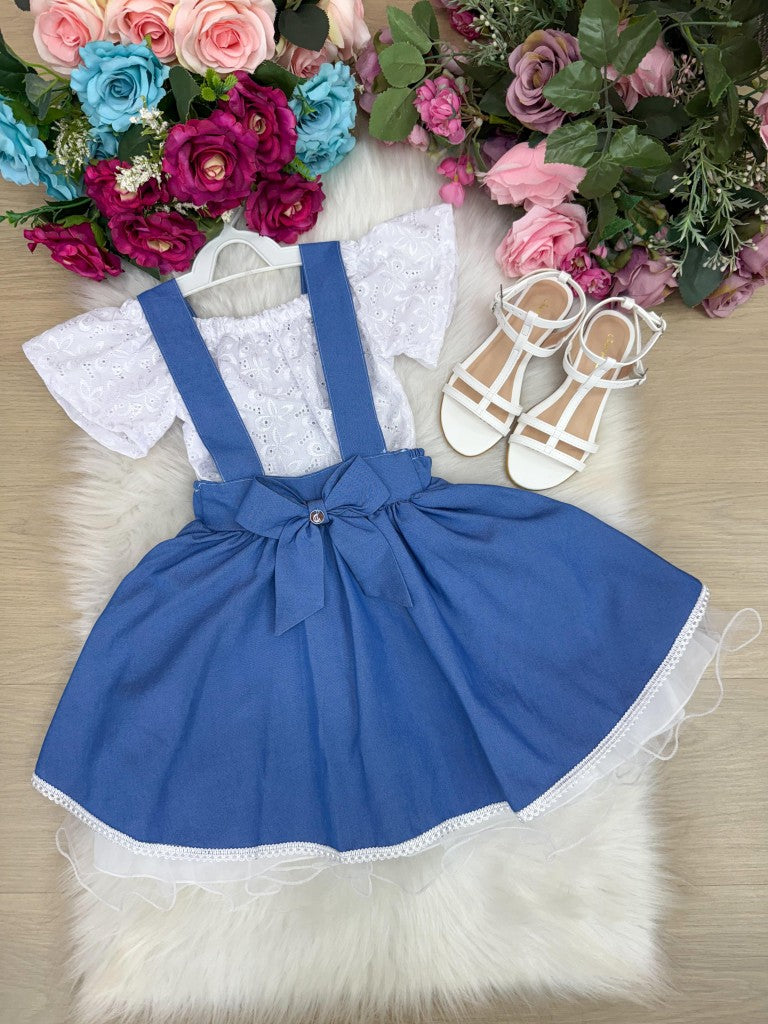 Vestido Salopete Infantil em Laise e Jeans com Laço Ajustável