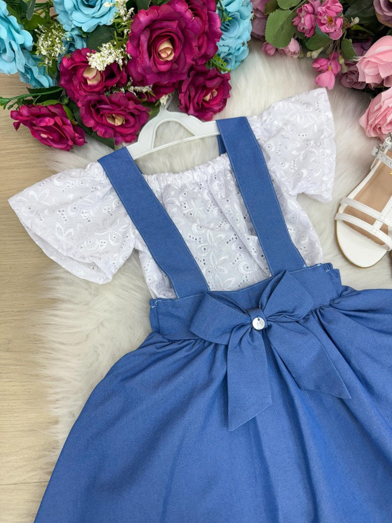 Vestido Salopete Infantil em Laise e Jeans com Laço Ajustável