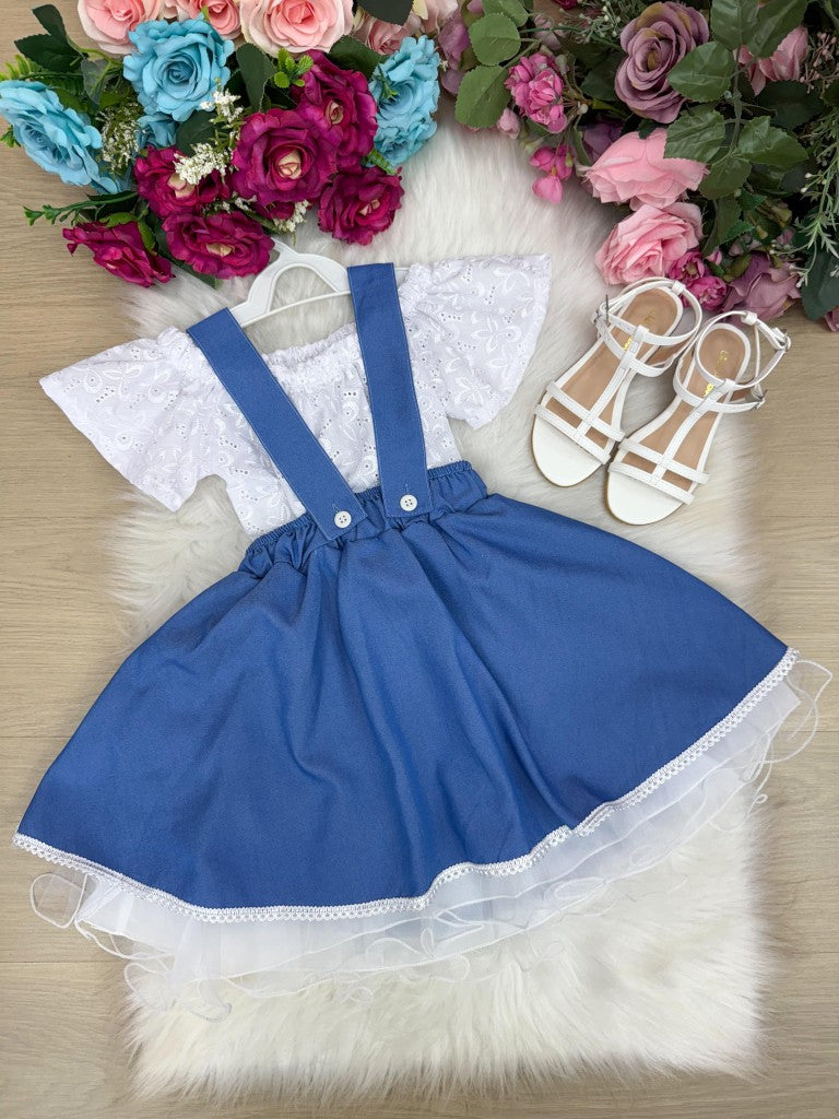 Vestido Salopete Infantil em Laise e Jeans com Laço Ajustável