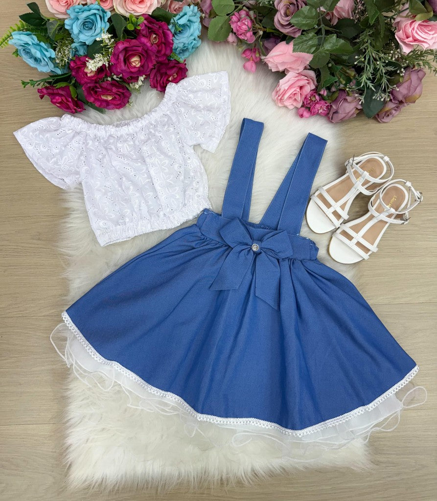 Vestido Salopete Infantil em Laise e Jeans com Laço Ajustável