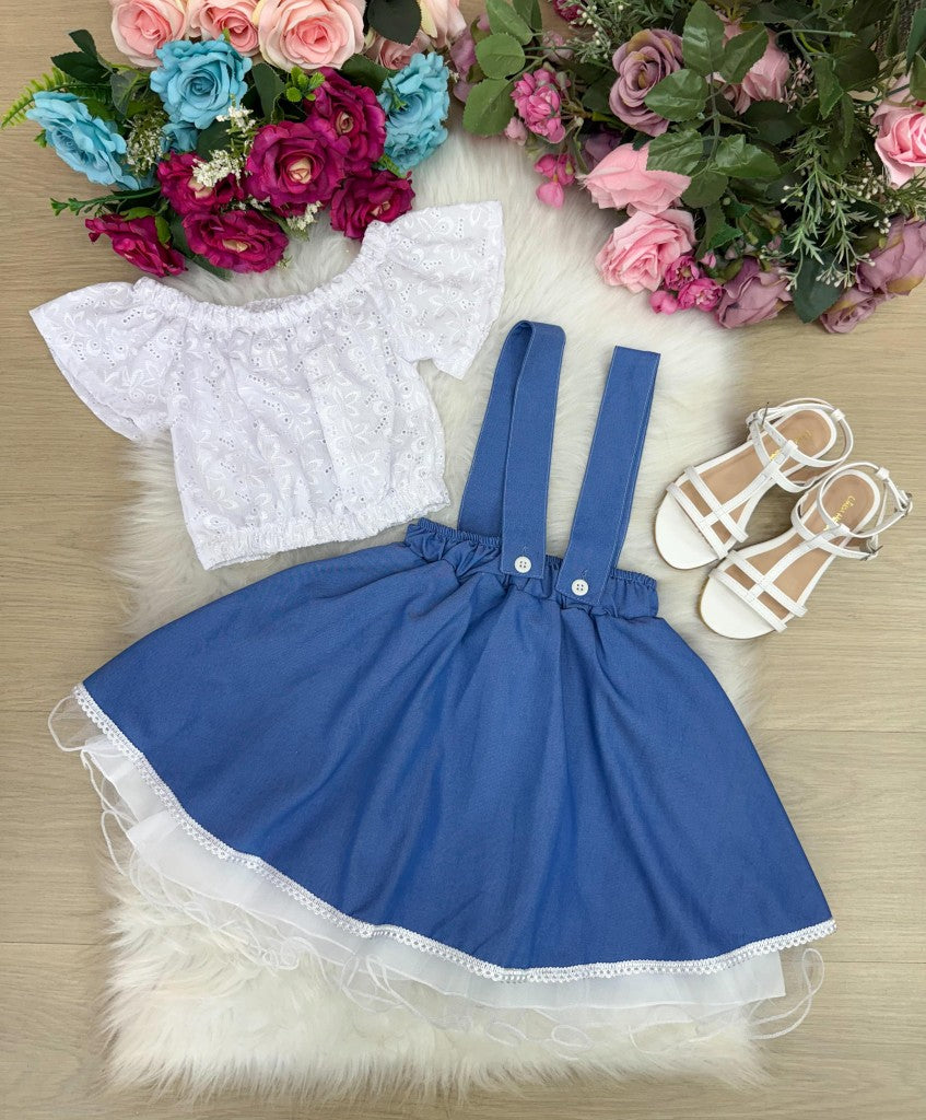 Vestido Salopete Infantil em Laise e Jeans com Laço Ajustável