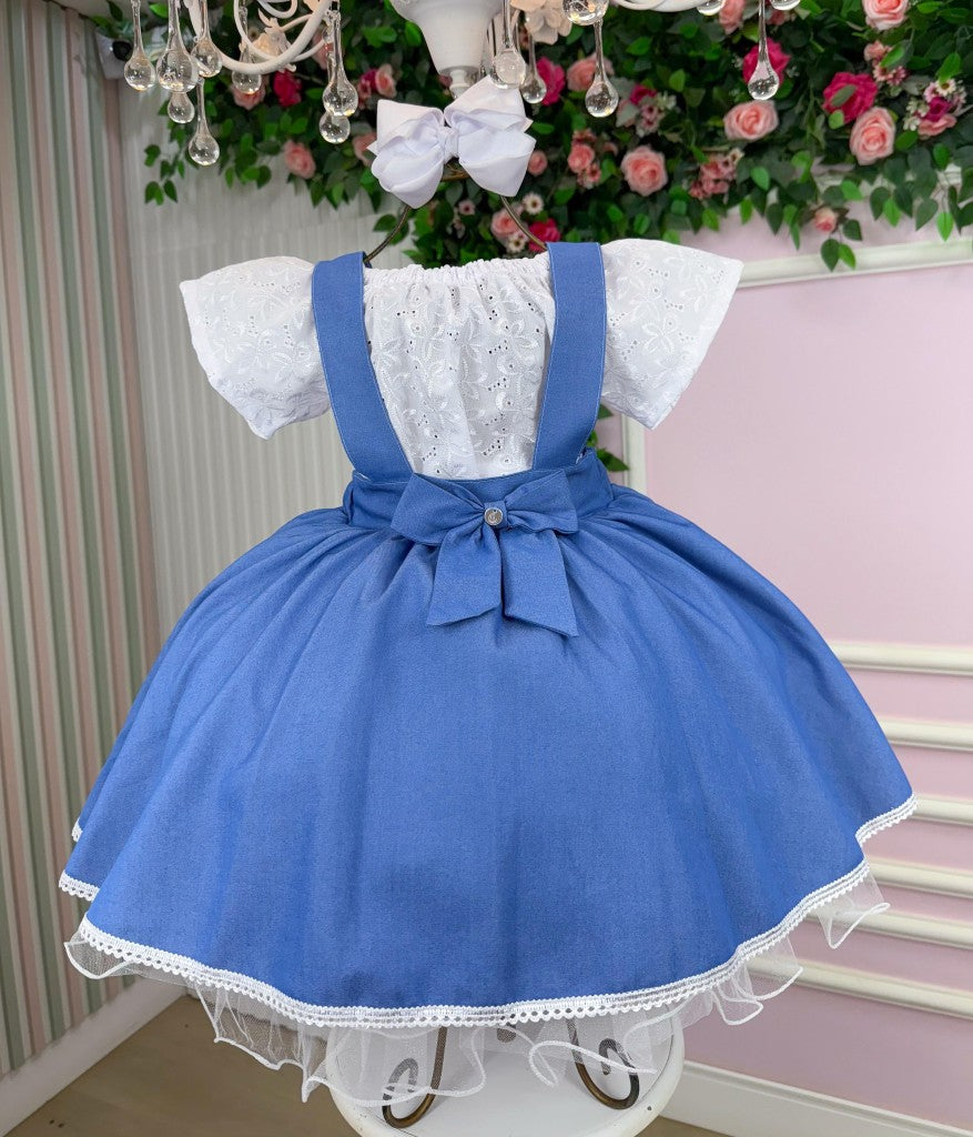 Vestido Salopete Infantil em Laise e Jeans com Laço Ajustável