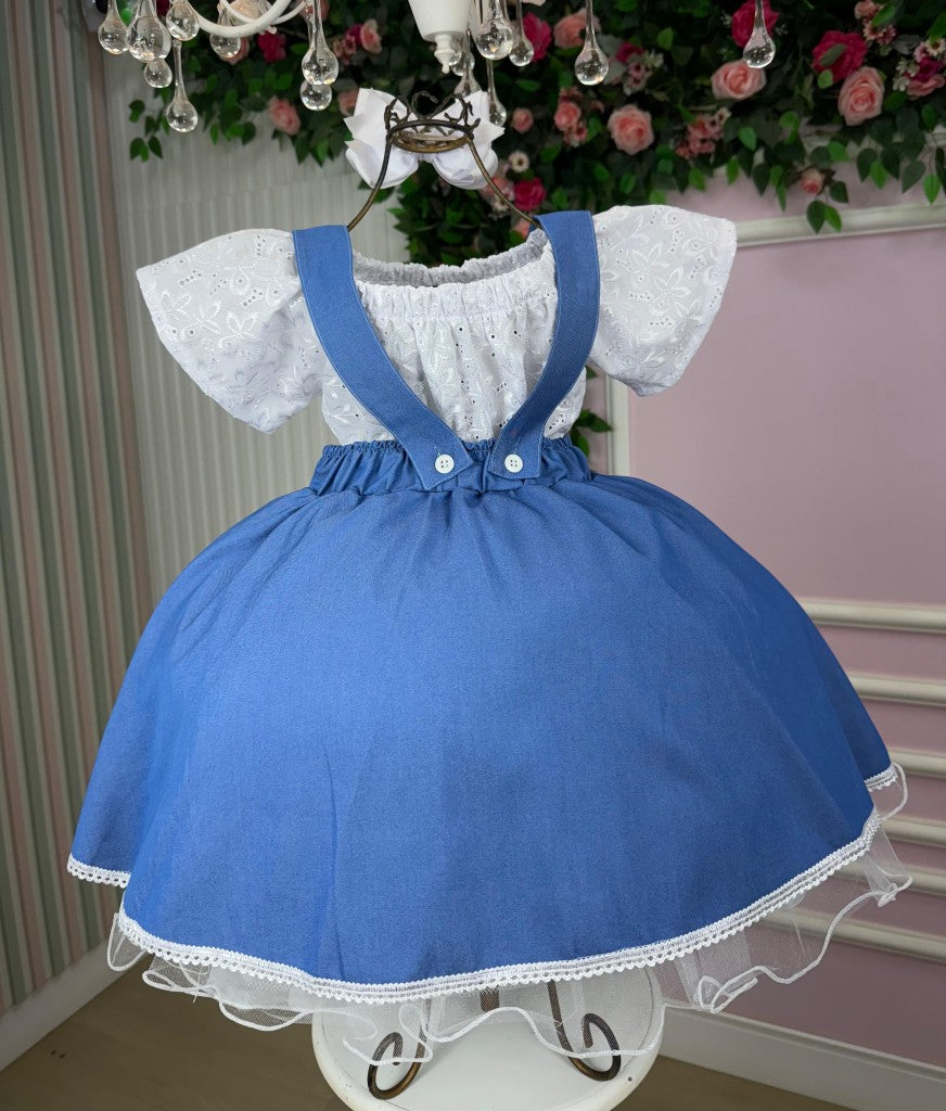 Vestido Salopete Infantil em Laise e Jeans com Laço Ajustável