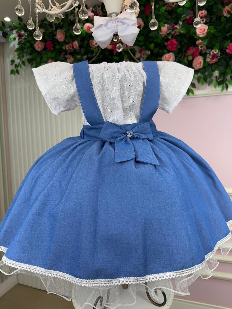 Vestido Salopete Infantil em Laise e Jeans com Laço Ajustável