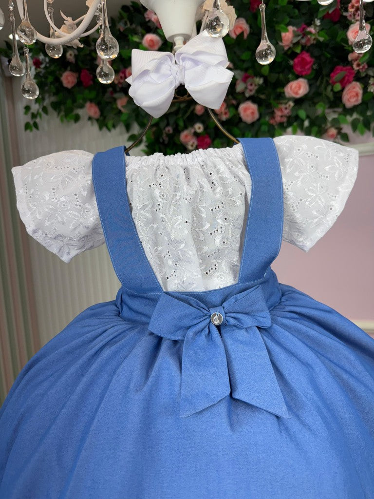 Vestido Salopete Infantil em Laise e Jeans com Laço Ajustável