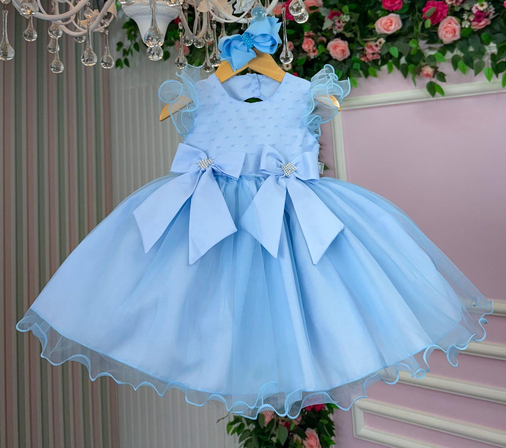 Vestido Infantil Azul Bebê em Tecido Tafeta com Laço