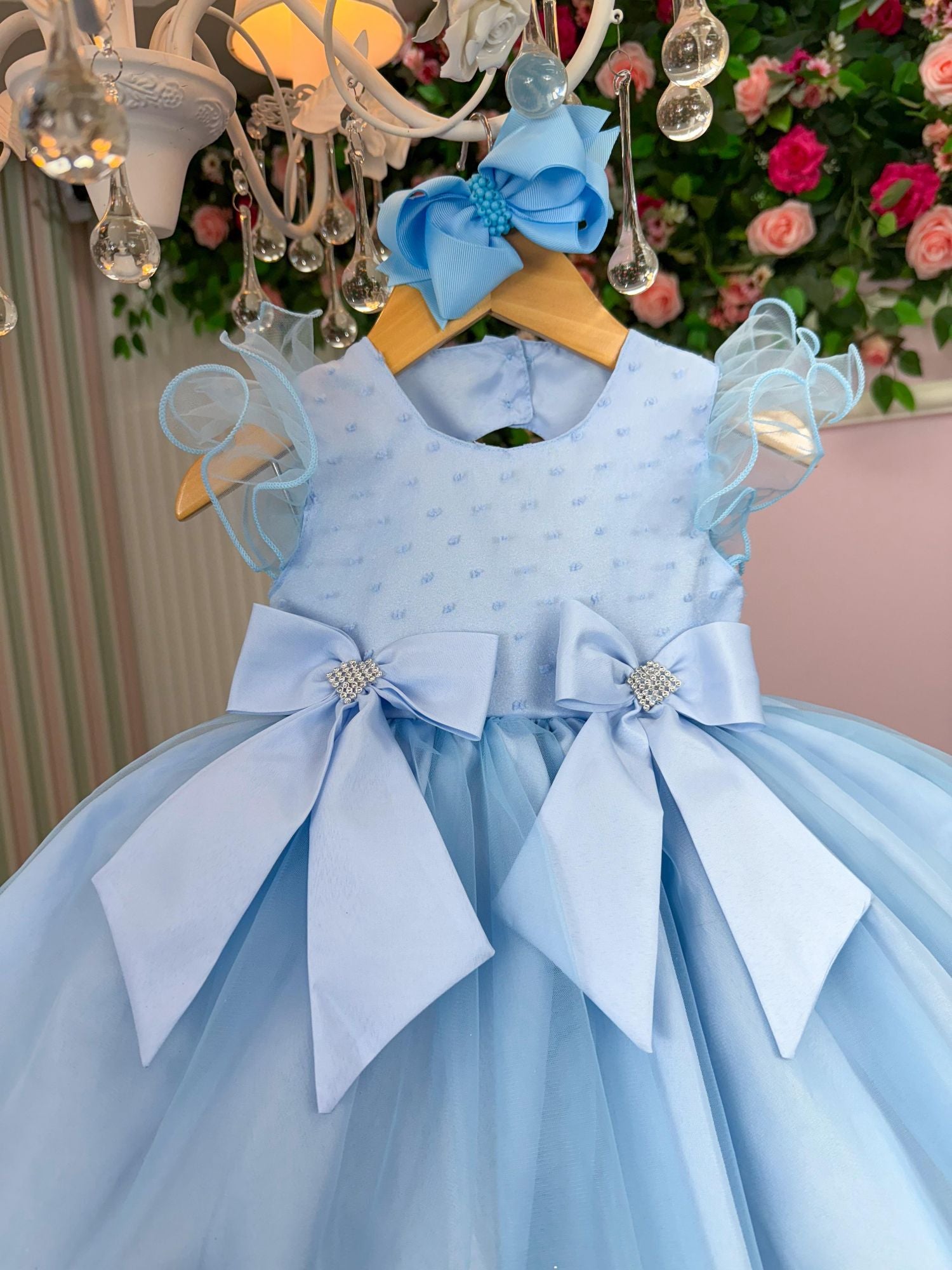 Vestido Infantil Azul Bebê em Tecido Tafeta com Laço