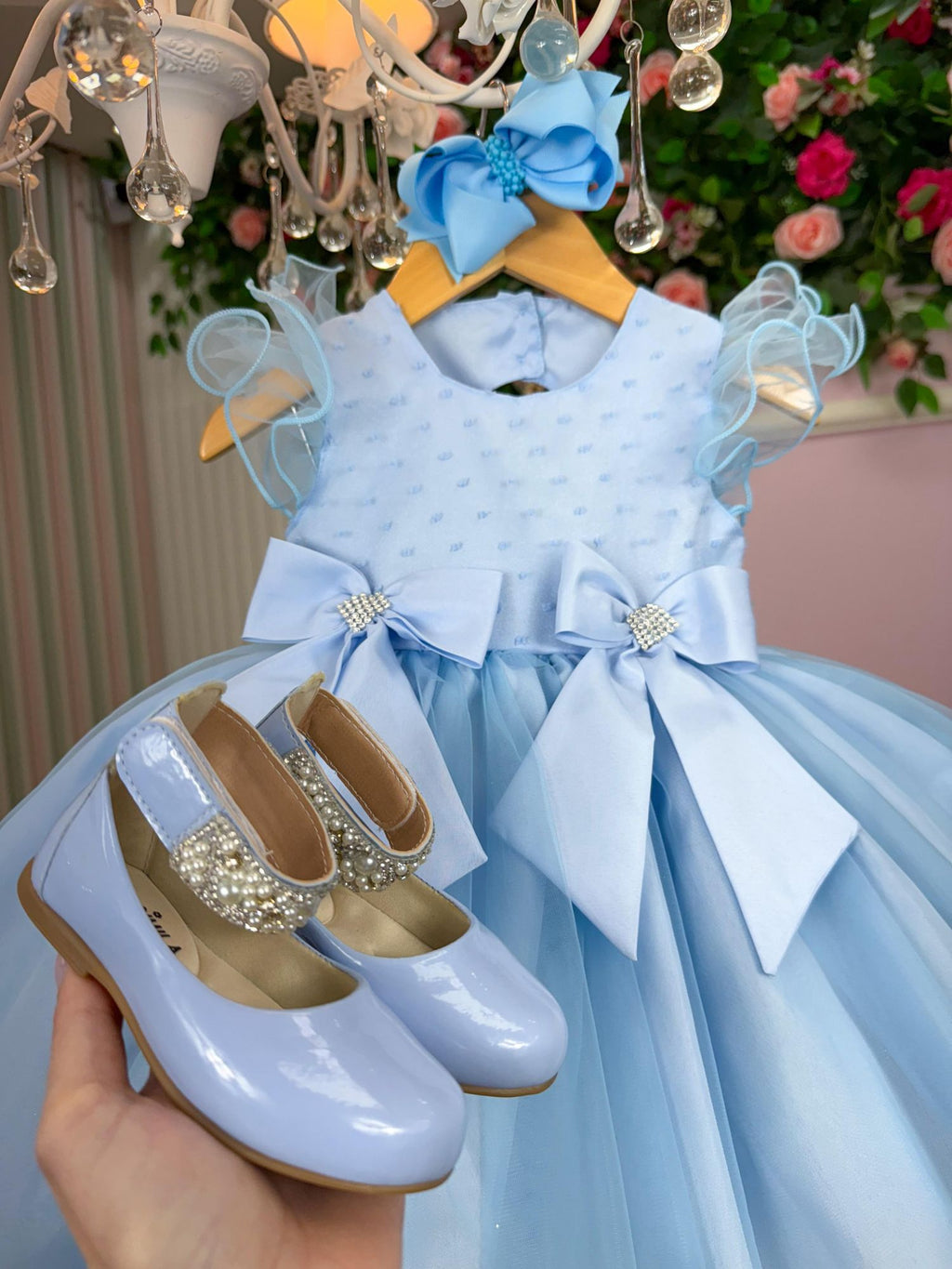 Vestido Infantil Azul Bebê em Tecido Tafeta com Laço