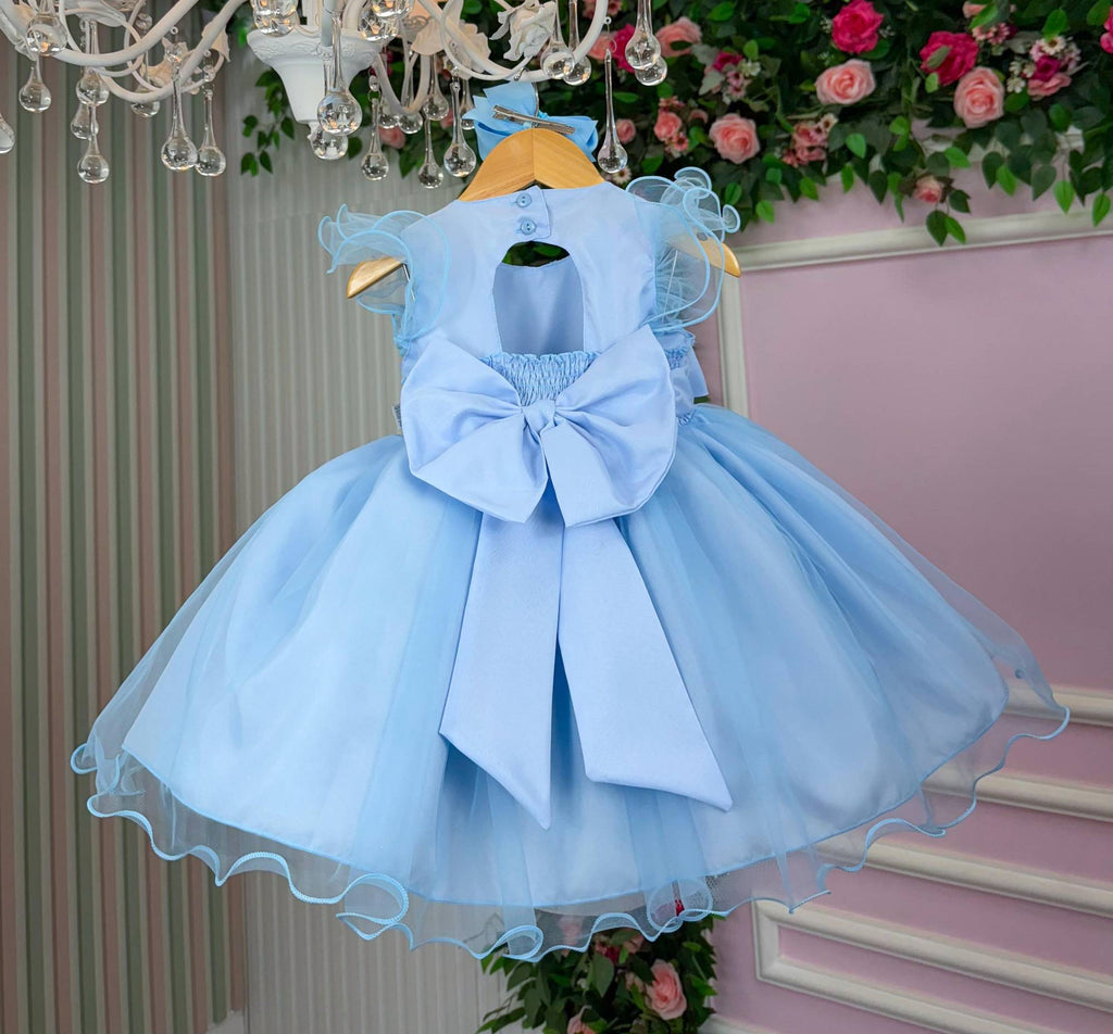 Vestido Infantil Azul Bebê em Tecido Tafeta com Laço