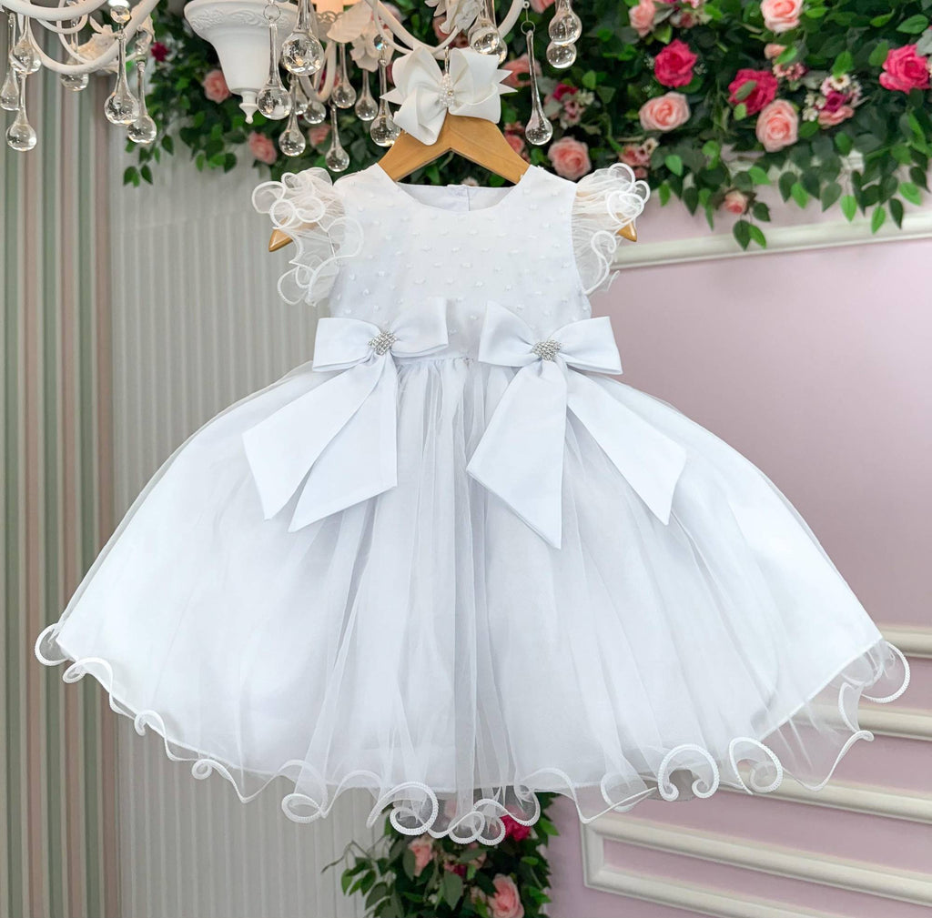 Vestido Branco Infantil de Tecido Tafeta com Laço