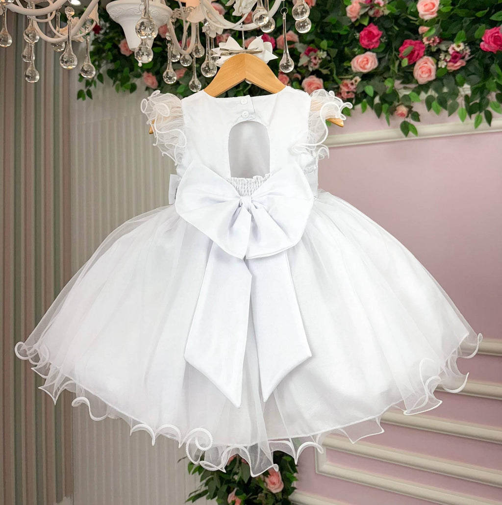 Vestido Branco Infantil de Tecido Tafeta com Laço