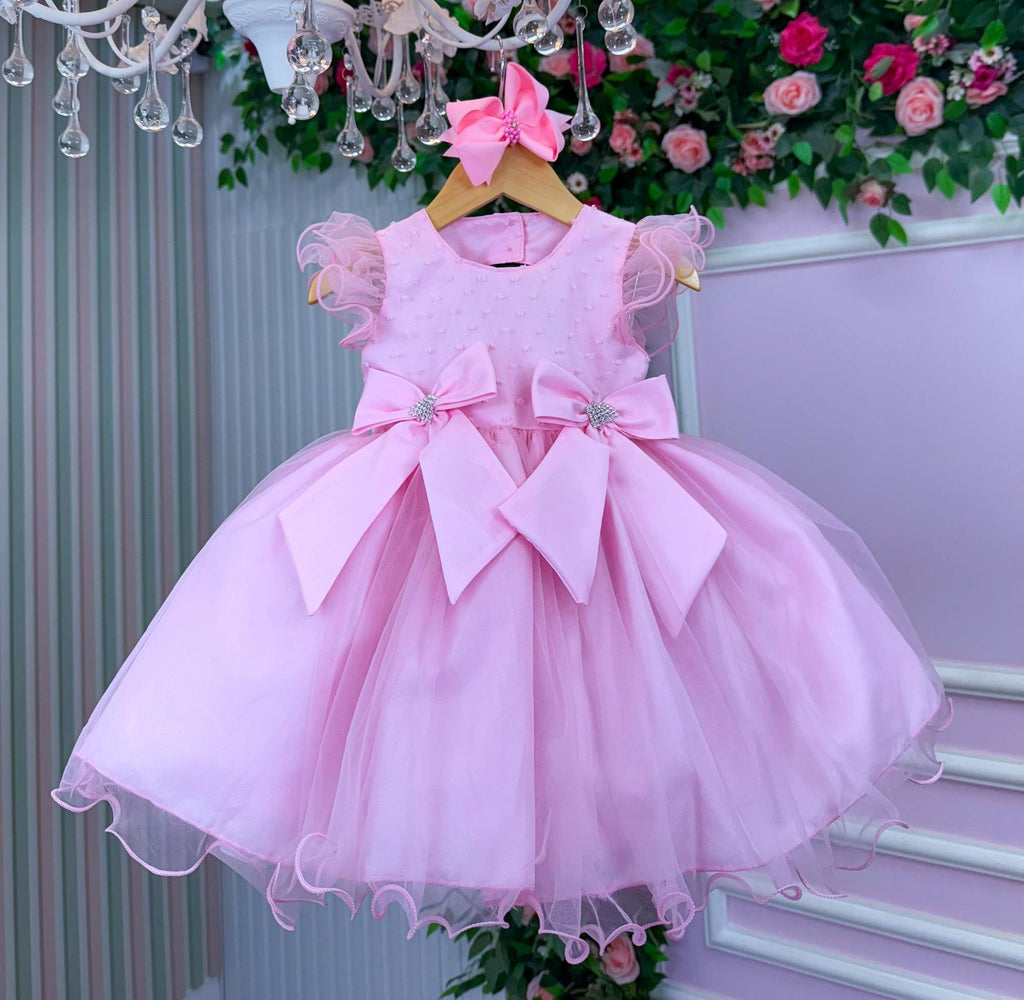 Vestido Rosa Bebê em Tecido Tafeta com Laço e Gola Redonda