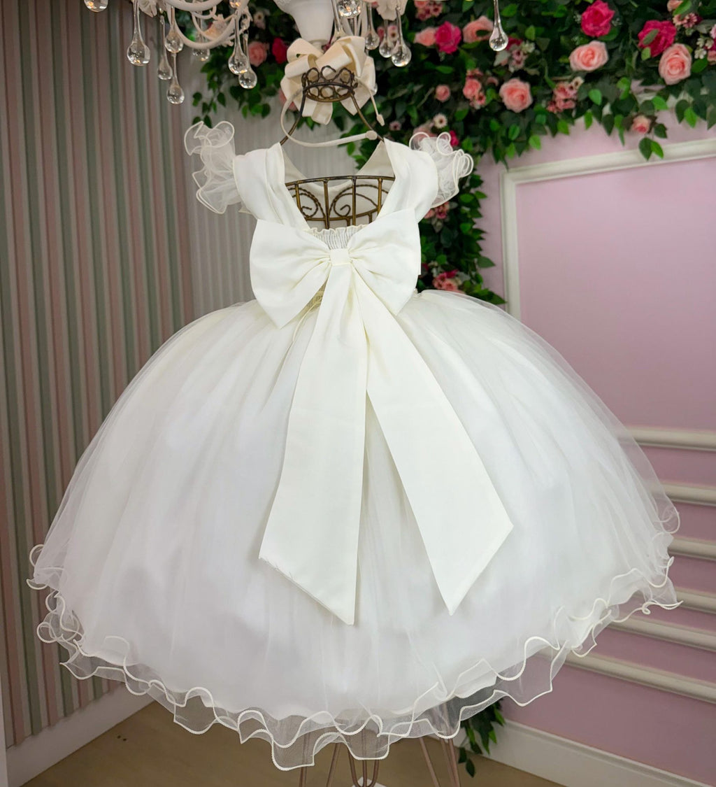 Vestido Infantil Off com Gola Redonda e Laço nas Costas