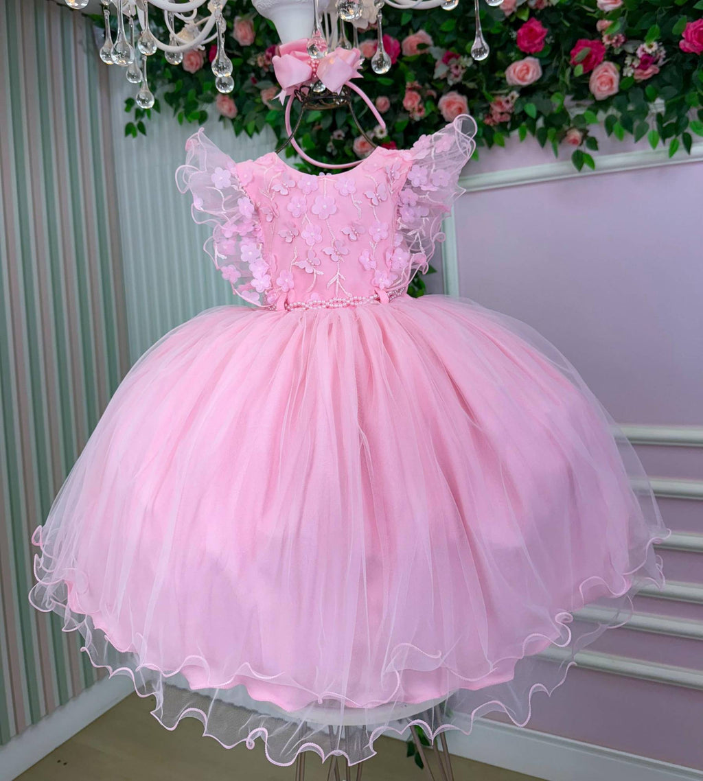 Vestido Rosa Bebê em Tecido Misto com Laço para Meninas