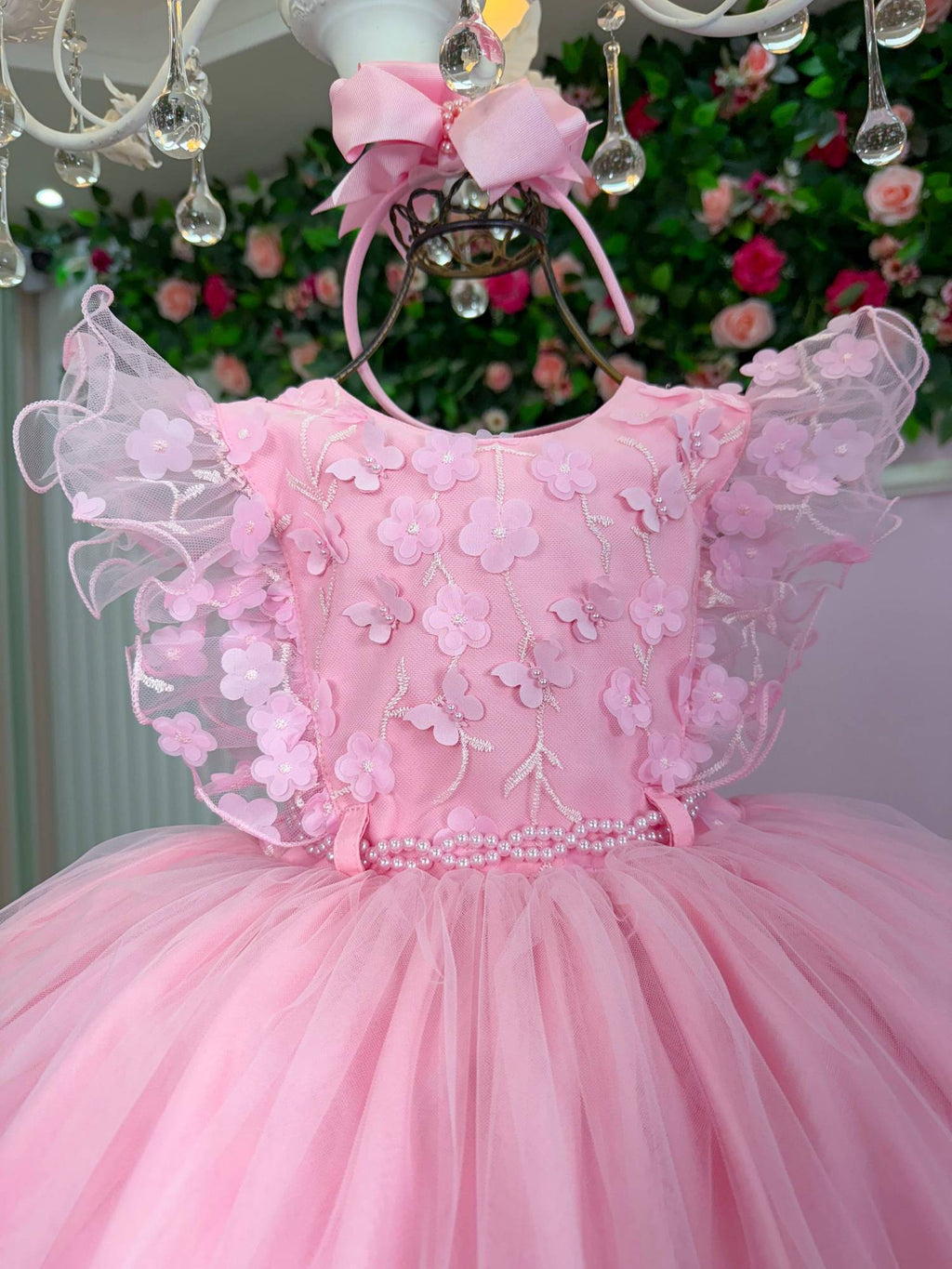 Vestido Rosa Bebê em Tecido Misto com Laço para Meninas