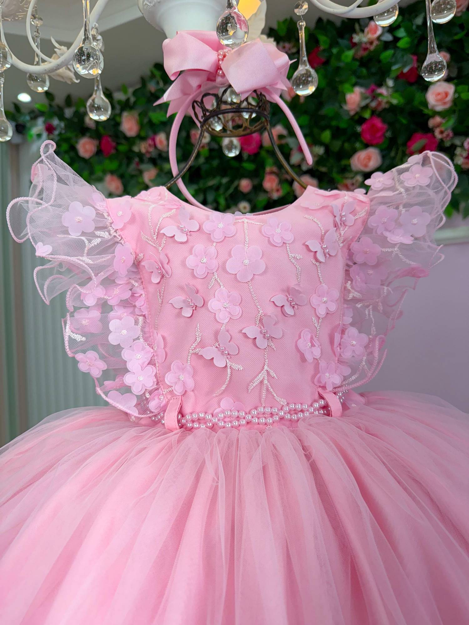 Vestido Rosa Bebê em Tecido Misto com Laço para Meninas