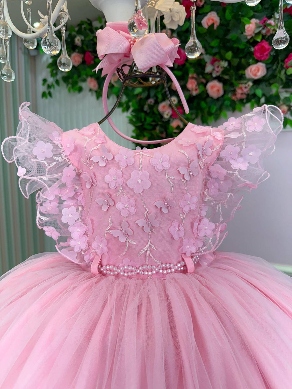 Vestido Rosa Bebê em Tecido Misto com Laço para Meninas