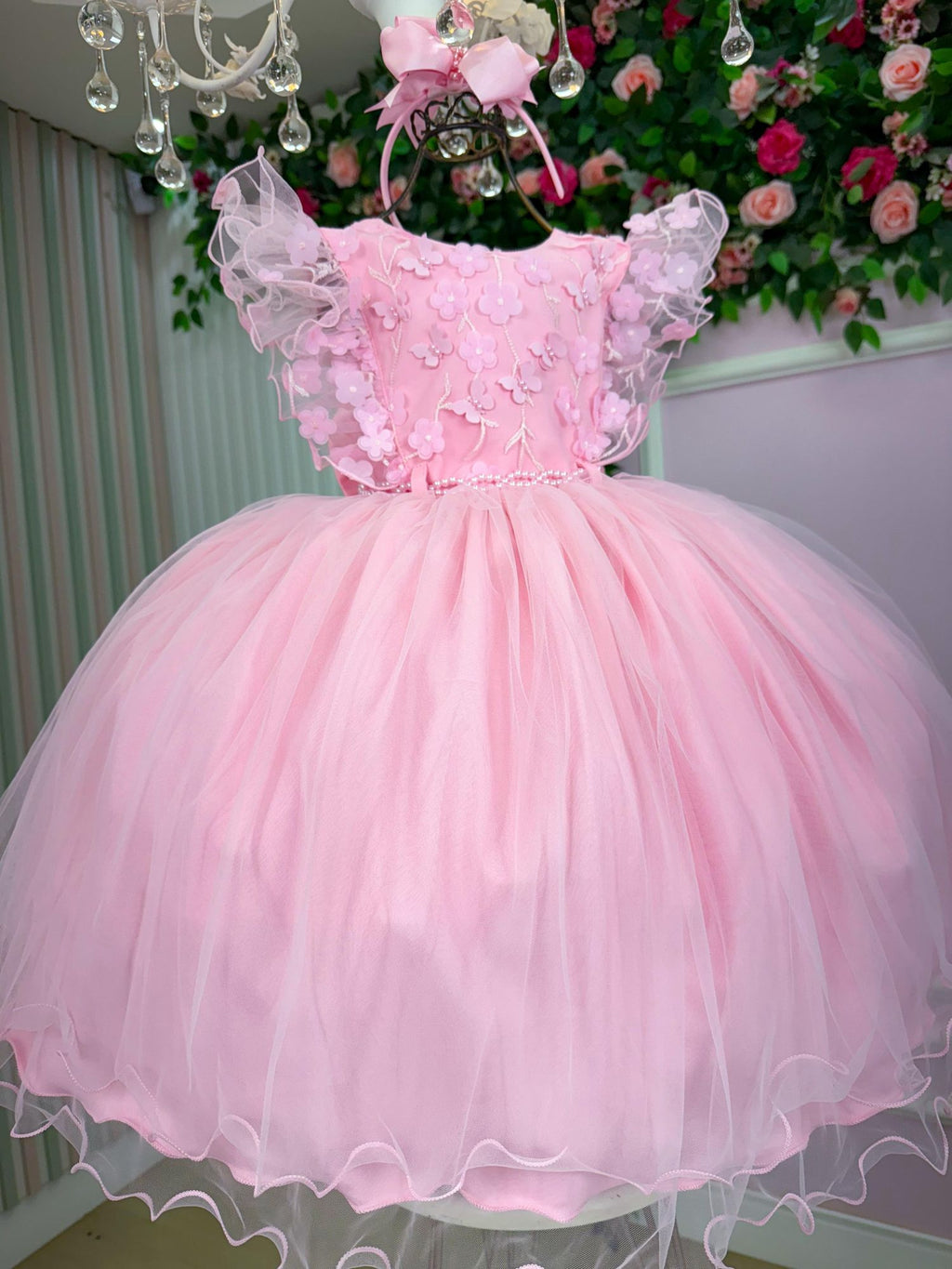Vestido Rosa Bebê em Tecido Misto com Laço para Meninas