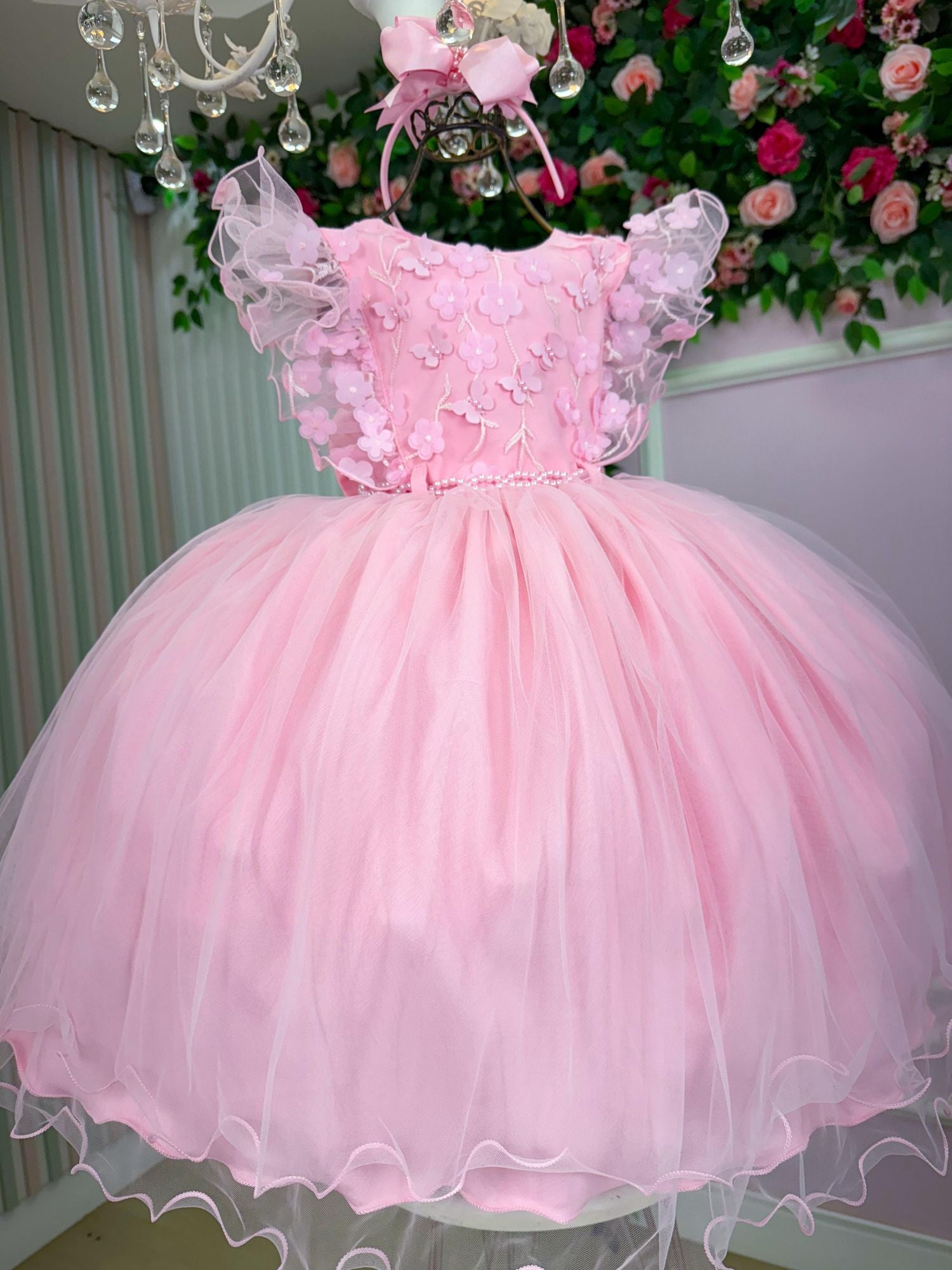 Vestido Rosa Bebê em Tecido Misto com Laço para Meninas