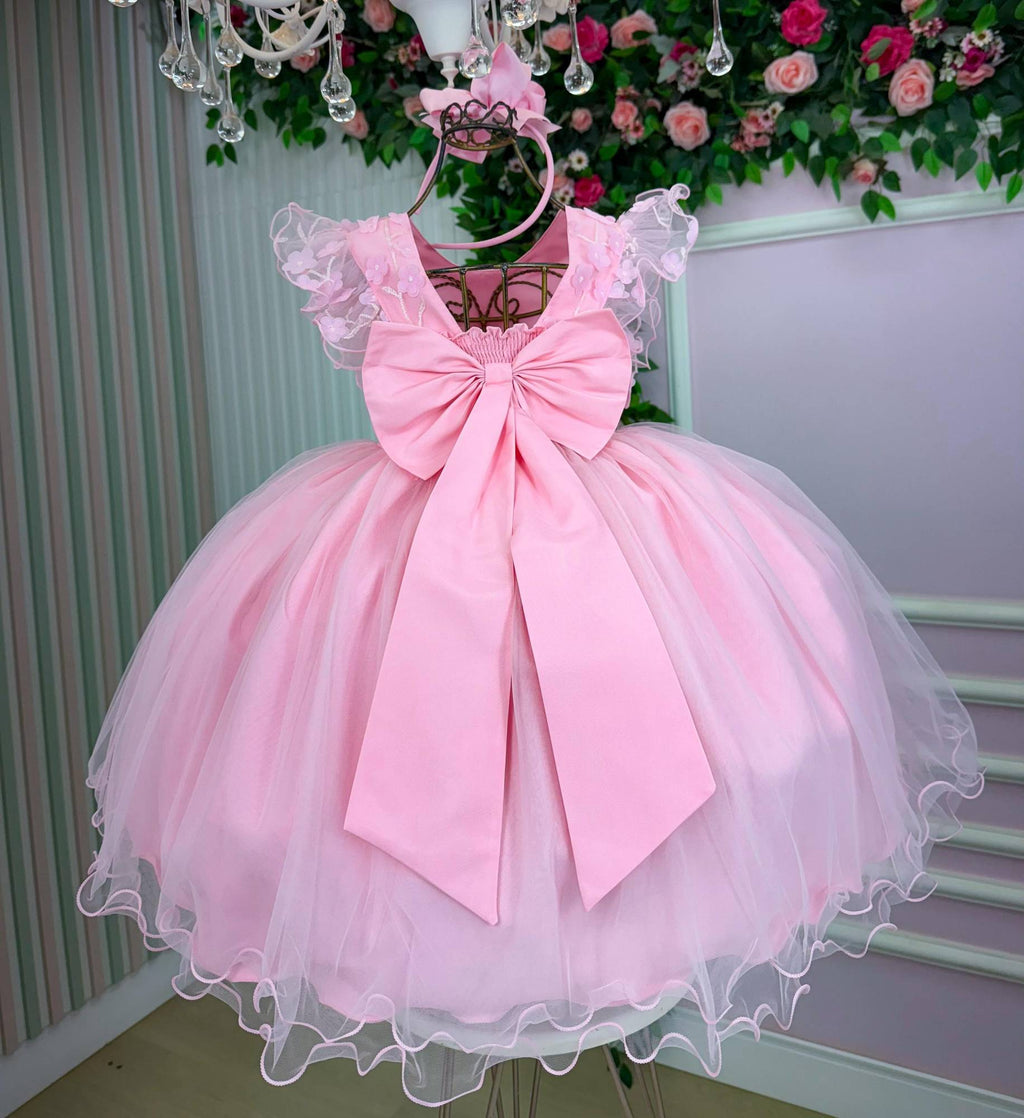 Vestido Rosa Bebê em Tecido Misto com Laço para Meninas