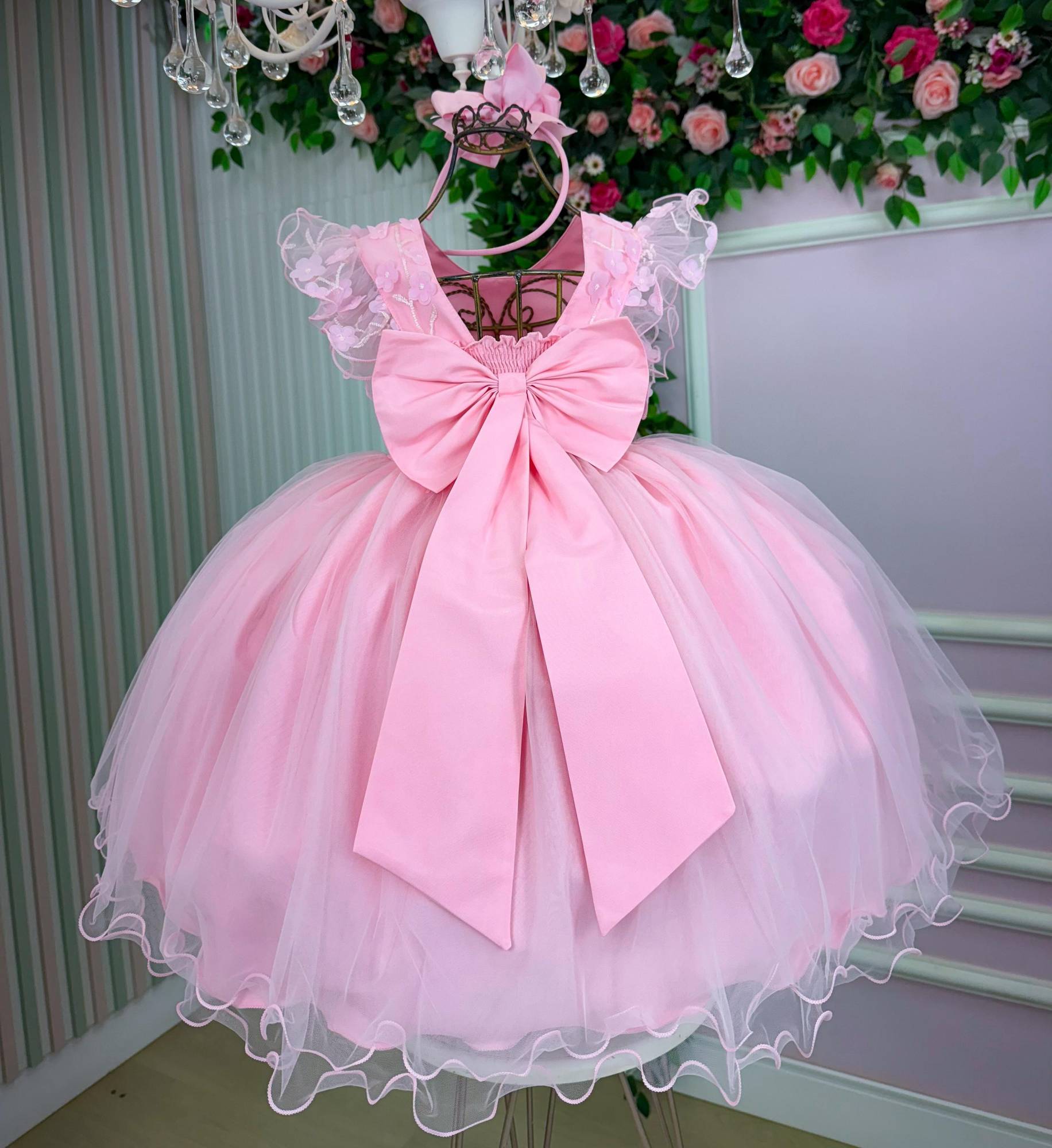Vestido Rosa Bebê em Tecido Misto com Laço para Meninas