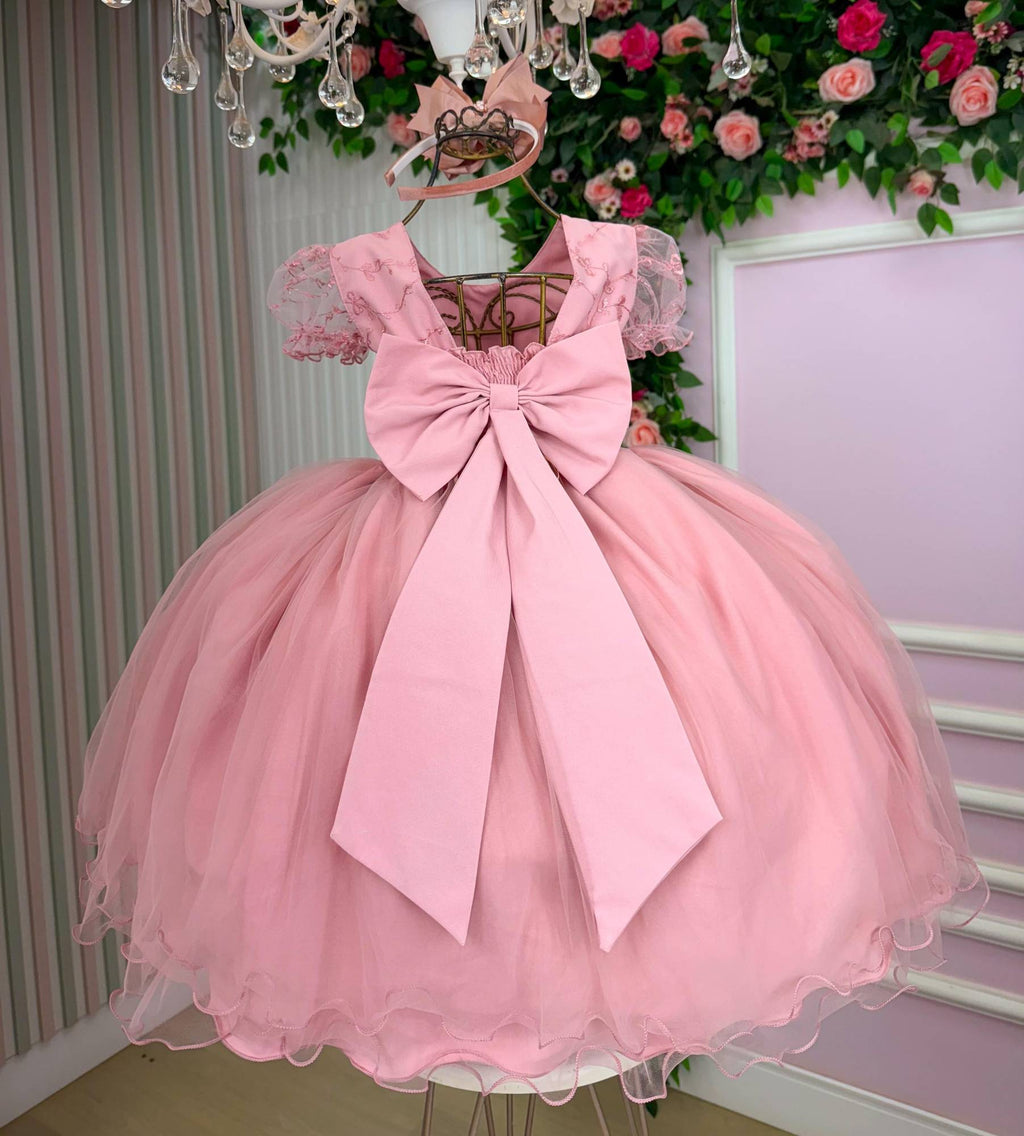 Vestido Infantil em Tafetá com Laço e Gola Redonda na Cor Rosa