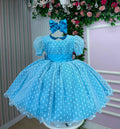 Vestido Infantil Azul Tiffany com Bolinhas e Laço nas Costas